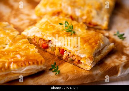 Galizisches Blätterteig Empanada gefüllt mit Thunfisch und Gemüse. Stockfoto