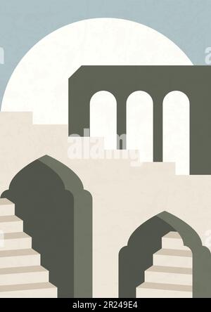 Minimalistische marokkanische Architektur, Treppenelemente, Posterdarstellung. Stock Vektor