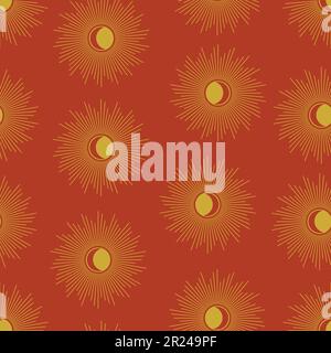 Himmlische Sonne und Mondfinsternis ästhetisches nahtloses Muster. Mondphasen, Sonnenstrahlen. Stock Vektor