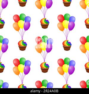 Nahtloses Muster mit bunten Ballons und Cupcakes auf weißem Hintergrund. Design für Weihnachtsdekoration, Stoff, Tapete oder Verpackung Stock Vektor