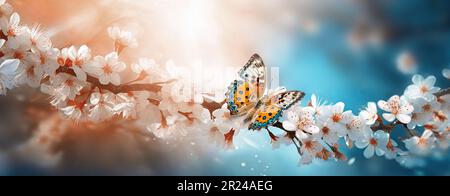 Zweig eines blühenden Kirschbaums mit Schmetterling auf blauem und pinkfarbenem Frühlingshintergrund. . Stockfoto
