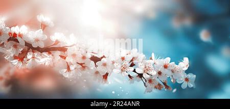 Zweige blühender Kirschbäume auf blauem Himmelshintergrund im Sonnenlicht-Nahaufnahme. Federbanner. Stockfoto