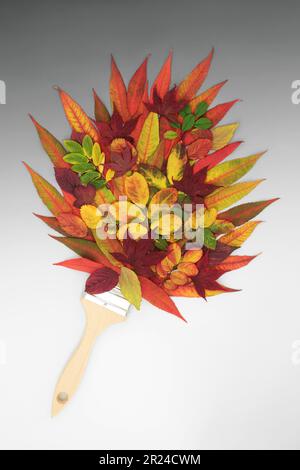 Herbst und Thanksgiving surreale Pinsel-Spritzkomposition mit leuchtend roten Blättern. Natur abstrakt für Herbst mit natürlicher Fauna. Auf Farbverlauf grau. Stockfoto