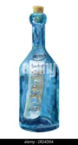 Blaue Glasflasche mit Schriftzug innen, Kork, handbemalt in Aquarell. Isoliert auf weißem Hintergrund. Stockfoto