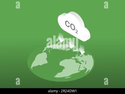 CO2 Neutral. Null-Emissionen-Nettokonzept. Reduzierung der Kohlendioxidemissionen in die Erde. Darstellung der isometrischen Wolke. Vektordarstellung. Stock Vektor