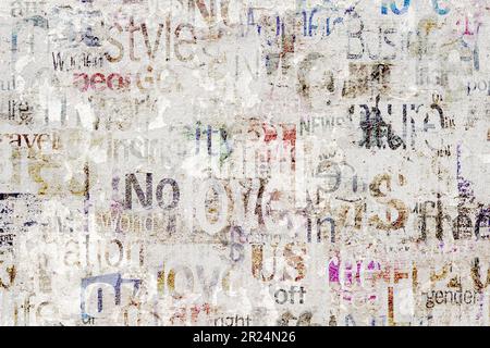 Zeitung Papier Grunge gealterte Zeitungspapier Muster Hintergrund. Vintage alte Zeitungen Schablone Textur. Unlesbare horizontale News-Seite mit Platz für Text Stockfoto