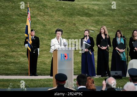 National Memorial Arboretum, Großbritannien. 16. Mai 2023 HRH die Prinzessin Royal feiert den 60. Jahrestag der Royal British Legions, an dem der letzte Soldat aus dem National Service entlassen wurde, und trifft Soldaten und Frauen, die in den verschiedenen Konflikten dienten. Credit Mark Lear/Alamy Live News Stockfoto