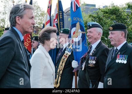 National Memorial Arboretum, Großbritannien. 16. Mai 2023 HRH die Prinzessin Royal feiert den 60. Jahrestag der Royal British Legions, an dem der letzte Soldat aus dem National Service entlassen wurde, und trifft Soldaten und Frauen, die in den verschiedenen Konflikten dienten. Credit Mark Lear/Alamy Live News Stockfoto