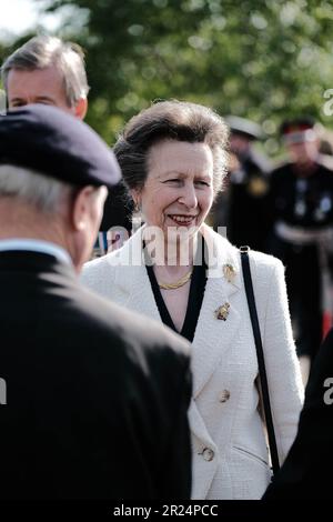 National Memorial Arboretum, Großbritannien. 16. Mai 2023 HRH die Prinzessin Royal feiert den 60. Jahrestag der Royal British Legions, an dem der letzte Soldat aus dem National Service entlassen wurde, und trifft Soldaten und Frauen, die in den verschiedenen Konflikten dienten. Credit Mark Lear/Alamy Live News Stockfoto