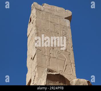 Alte ägyptische Hieroglyphen, die in die Wände des Karnak-Tempels in Luxor, Ägypten, geschnitzt wurden Stockfoto