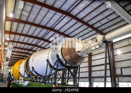 Houston USA 4. Februar 2023: Die Saturn V Rakete im NASA Johnson Space Center ist die höchste, schwerste und leistungsstärkste Rakete aller Zeiten Stockfoto