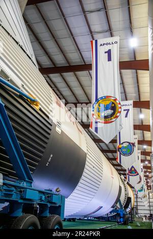 Houston USA 4. Februar 2023: Die Saturn V Rakete im NASA Johnson Space Center ist die höchste, schwerste und leistungsstärkste Rakete aller Zeiten Stockfoto