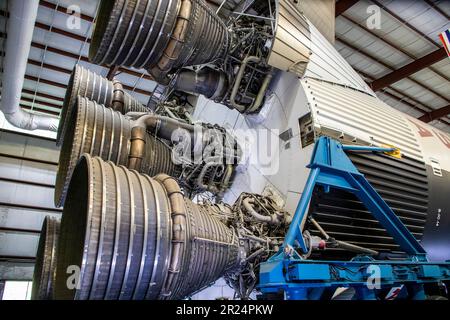 Houston USA 4. Februar 2023: Geben Sie dem F-1-Motor auf der ersten Stufe der Saturn V-Rakete im NASA Johnson Space Center die höchste, schwerste und leistungsstärkste Stockfoto