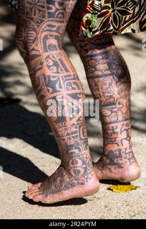 Französisch-Polynesien, Gesellschaftsinseln, Raiatea. Dorfältester mit traditionellen Tattoos bedeckt. Tätowierung am Bein. Stockfoto