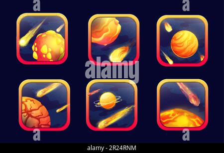 Zeichentrickfilm-Symbole für Weltraumspiele. Orangefarbene Planeten und Asteroiden. Schaltflächen der Videospielschnittstelle, Vektor-gui-Elemente der Computeranwendung. Mobile Spiele-ui mit fantastischen Weltraumgalaxie-Objekten im Weltraum Stock Vektor