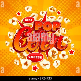 Popcorn-Snack-Explosion. Cartoon-Film Käse Popcorn Burst. Flauschige Snacks, Fast-Food-Süßmais oder knusprige Kinogerichte im Hintergrund, salzige oder süße Desserts im Halbton zum Mitnehmen Stock Vektor
