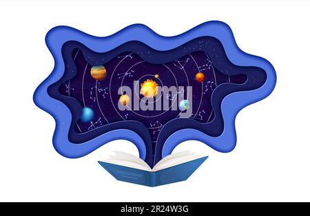 Buch oder Lehrbuch mit weltraumpapiergeschnittener Sternengalaxie. Astronomiewissenschaft, Raumfahrt oder Forschungspapier abgeschnittene Vektortapeten. Galaxie-Entdeckungskonzept mit Planeten und Konstellationen des Sonnensystems Stock Vektor