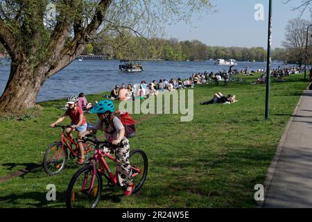 Frühling in Berlin, Liegewiese im Treptower Park am Spreeufer, Treptow-Köpenik, Berlin Stockfoto