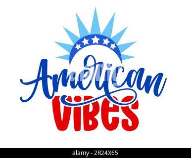 American Vibes - Unabhängigkeitstag. Kalligraphische handgeschriebene Phrase und handgezeichnete Sonnenbrille. Handgefertigte Kalligraphiezeichnung. Herzlichen Glückwunsch zum 4. Juli Stock Vektor