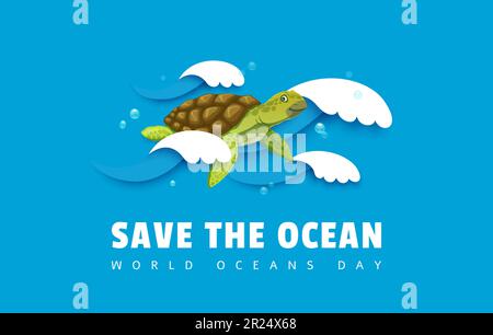 Rette das Ozean-Poster. Cartoon-Meeresschildkröte in papiergeschnittenen Wellen mit fröhlichem Gesichtsausdruck, die Fahrt genießen. Der Hintergrund der Vector World vermittelt die Atmosphäre des Weltmeertags in 3D-mm-Papercut-Stil Stock Vektor