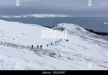 Täuschungsinsel, Whaler's Bay, Antarktis. Die Hickers spazieren am Kamm entlang mit Blick auf die Whaler's Bay. Stockfoto