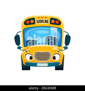 Cartoon-Schulbus mit Gesicht, Bildung oder zurück zur Schule lustiger Charakter, Vektor-niedlicher Bus mit. Gelber Schulbus oder Symbol für den Schülertransport, Kindergartenmaskottchen oder Emoji und Emoticon Stock Vektor