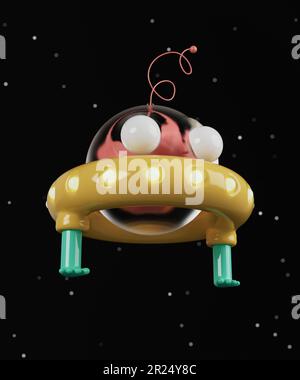 Cartoon-futuristisches ufo. 3D-Rendering, 3D-Abbildung. Stockfoto