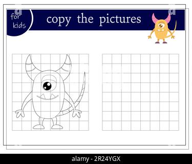 Copy a picture, an educational game for kids, a cartoon monster with one eye and horns, an alien Stock Vektor