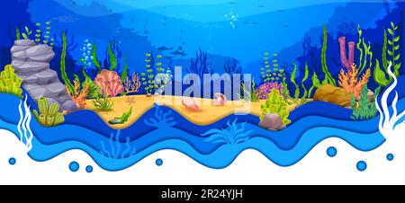 Cartoon-Unterwasserpapierlandschaft mit Algen, Muscheln, Korallen und Riffen. Vektorboden, blaue Wasserwellen, Meerestiere, Blasen, Fische und Delfine mit 3D-lagiger Paperut-Grenze Stock Vektor