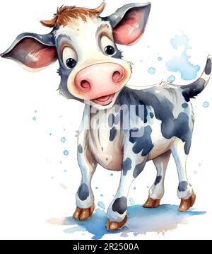 Kuh Aquarell zarte warme Farben, Appeasement, Weide, weiß, braun, Volle Höhe, Natur, Bauernhof, Landwirtschaft, Dorf, Bauer, Pflege, Milch. Tiere CO Stock Vektor