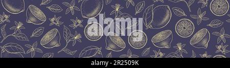 Handgezeichnete Zitrone, nahtloses Muster. Umreißen Sie Zitrusfrüchte mit Blumen und Blättern. Vektordarstellung. Stock Vektor