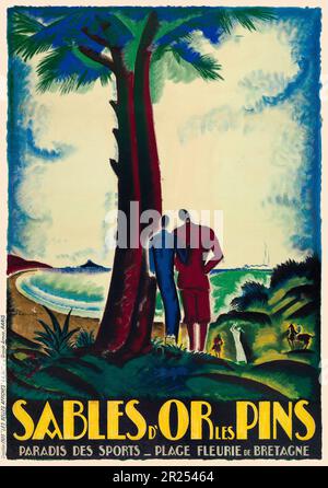 Sables d'Or Les Pins. Paradis des Sports. Plage fleurie de Bretagne von Charles Loupot (1892-1962). Poster wurde 1925 in Frankreich veröffentlicht. Stockfoto