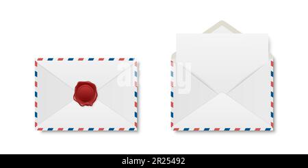 Vector Realistic White geschlossener Briefumschlag mit roter Wachsversiegelung und geöffnetem Briefumschlag mit Letter-Inhalt. Symbolgruppe gefaltete und entfaltete weiße Umschläge Stock Vektor