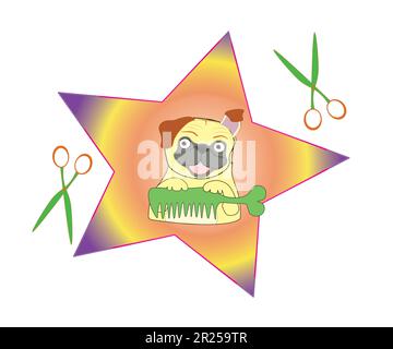Tierpflege für Hunde. Logo-Konzept für Tierpflegemittel. Cartoon-Hund wie ein Superstar. Vektordarstellung. Stock Vektor