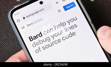 Google Bard AI Chat bot-Homepage auf dem Telefonbildschirm. Bard ist ein dialogorientierter, generativer Chatbot mit künstlicher Intelligenz, der auf einem großen Sprachmodell basiert Stockfoto