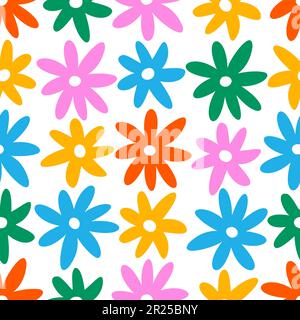Handgezeichnete bunte Gänseblümchen, nahtloses Muster. Vintage Hippie Y2K Blumenhintergrund. Naive Einrichtung im Retro-Stil der 1970 Jahre mit kindischen, hellen Blumen. Vektordarstellung. Stock Vektor