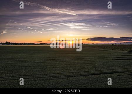 Atemberaubende orangefarbene Sonnenuntergänge über üppigen Feldern im Po-Tal, Norditaliens fruchtbarer Landschaft Stockfoto