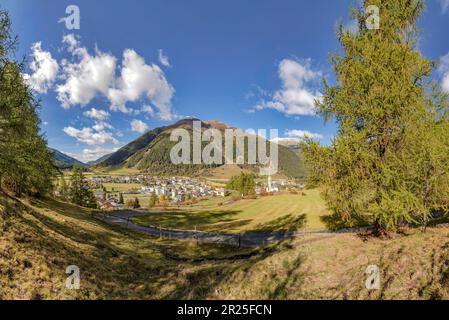 Blick auf ein Dorf im Tal *** Lokale Beschriftung *** Zernez, , Schweiz, Landschaft, Feld, Wiesen, Bäume, Herbst, Berge, Hügel, Stockfoto