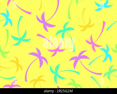 Seamless pattern with colorful silhouettes of palm trees. Tropical palms of different colors on a yellow background. Design for printing t-shirts, ban Stock Vektor