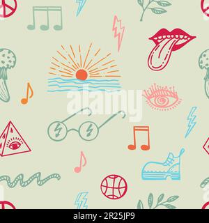 Nahtloses Muster mit seelischen Elementen. Retro-Design von Hipster-Ikonen. Doodle-Style-Grafik. Klassischer Trippy-Cartoon. Farbsymbole von 60s Stock Vektor