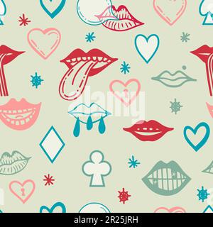 Nahtloses Muster mit psychedelischen Mundelementen. Retro-Design von Hipster-Ikonen. Doodle-Style-Grafik. Klassischer Trippy-Cartoon. Farbsymbole von 60 70 Stock Vektor