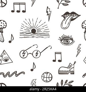 Nahtloses Muster mit seelischen Elementen. Retro-Design von Hipster-Ikonen. Doodle-Style-Grafik. Klassischer Trippy-Cartoon. Schwarz-weiße Symbole von Stock Vektor