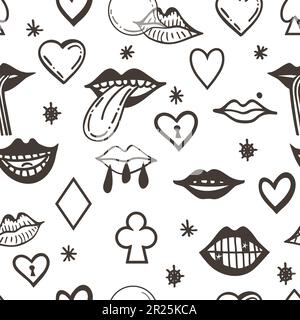 Nahtloses Muster mit psychedelischen Mundelementen. Retro-Design von Hipster-Ikonen. Doodle-Style-Grafik. Klassischer Trippy-Cartoon. Schwarz-weiße Symbole von Stock Vektor