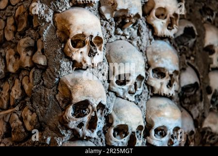 Schädel an der Wand von Capela dos Ossos oder der Kapelle der Knochen in Evora, Alentejo, Portugal Stockfoto