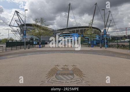 Ein allgemeiner Blick außerhalb des Etihad Stadium, Heimat von Manchester City vor dem UEFA Champions League Semi-Final Second Leg Manchester City vs Real Madrid im Etihad Stadium, Manchester, Großbritannien, 17. Mai 2023 (Foto von Mark Cosgrove/News Images) Stockfoto