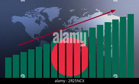 Bangladesch-Flagge auf Balkendiagramm-Konzept mit steigenden Werten, wirtschaftlicher Erholung und Geschäftsverbesserung nach der Krise und anderen Katastrophen wie Wirtschaft an Stockfoto