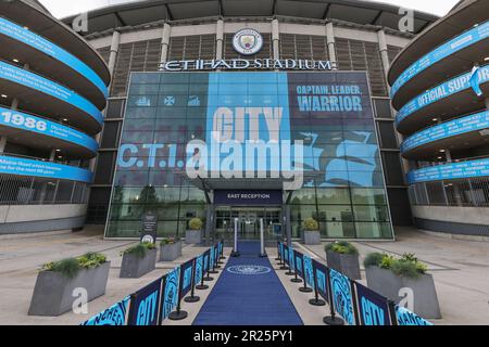 Ein allgemeiner Blick außerhalb des Etihad Stadium, Heimat von Manchester City vor dem UEFA Champions League Semi-Final Second Leg Manchester City vs Real Madrid im Etihad Stadium, Manchester, Großbritannien, 17. Mai 2023 (Foto von Mark Cosgrove/News Images) Stockfoto