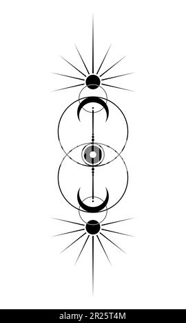 Mystische heilige Geometrie, Vesica piscis, All Sehen Eye, das dritte Auge, magische Sonne und halbmondheidnische Göttin und gottes Symbol. Vektorzeichen Stock Vektor