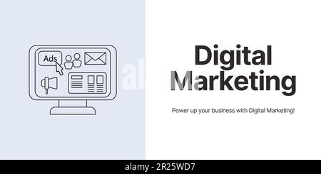 Banner für digitales Marketing mit hellem Hintergrund. Elegantes Marketingbanner mit schwarzem Text und Symbol für Unternehmen und Marketing Stock Vektor