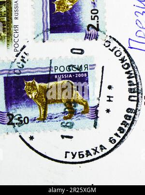 MOSKAU, RUSSLAND - 30. OKTOBER 2022: Auf dem in Russland gedruckten Poststempel ist das Kennzeichen der Gubakha Post, Perm Krai, Russland, zu sehen. Vom 2017 Stockfoto